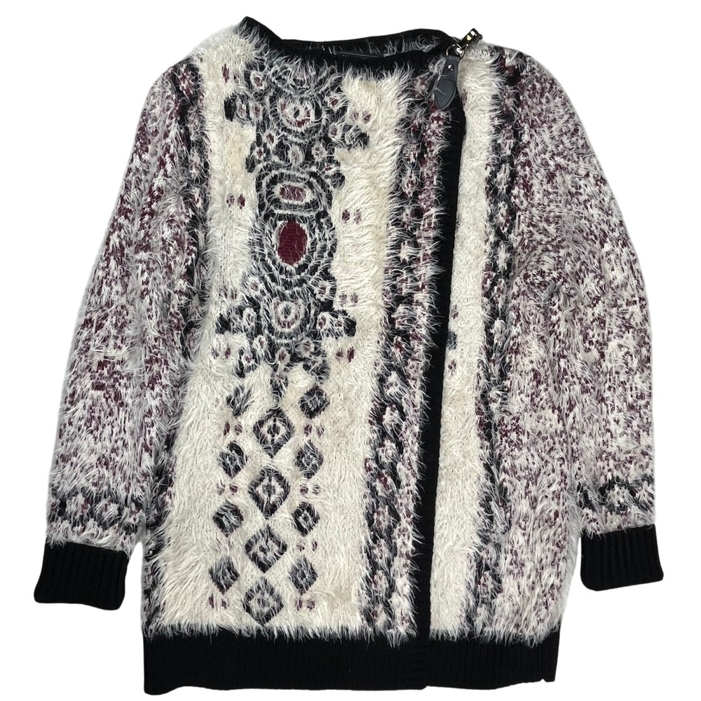 BCBG MaxAzria Oversized Aztec Fuzzy Sweater Sz M‎ Leather Strap Closure Pockets